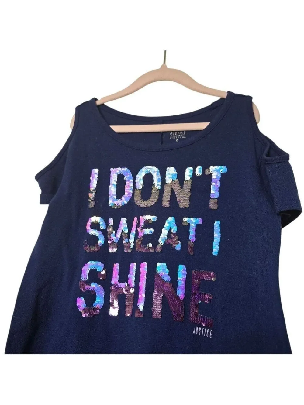 Justice I Don't Sweat I Shine Sequin Cold Shoulder Shirt Girls Size 8
